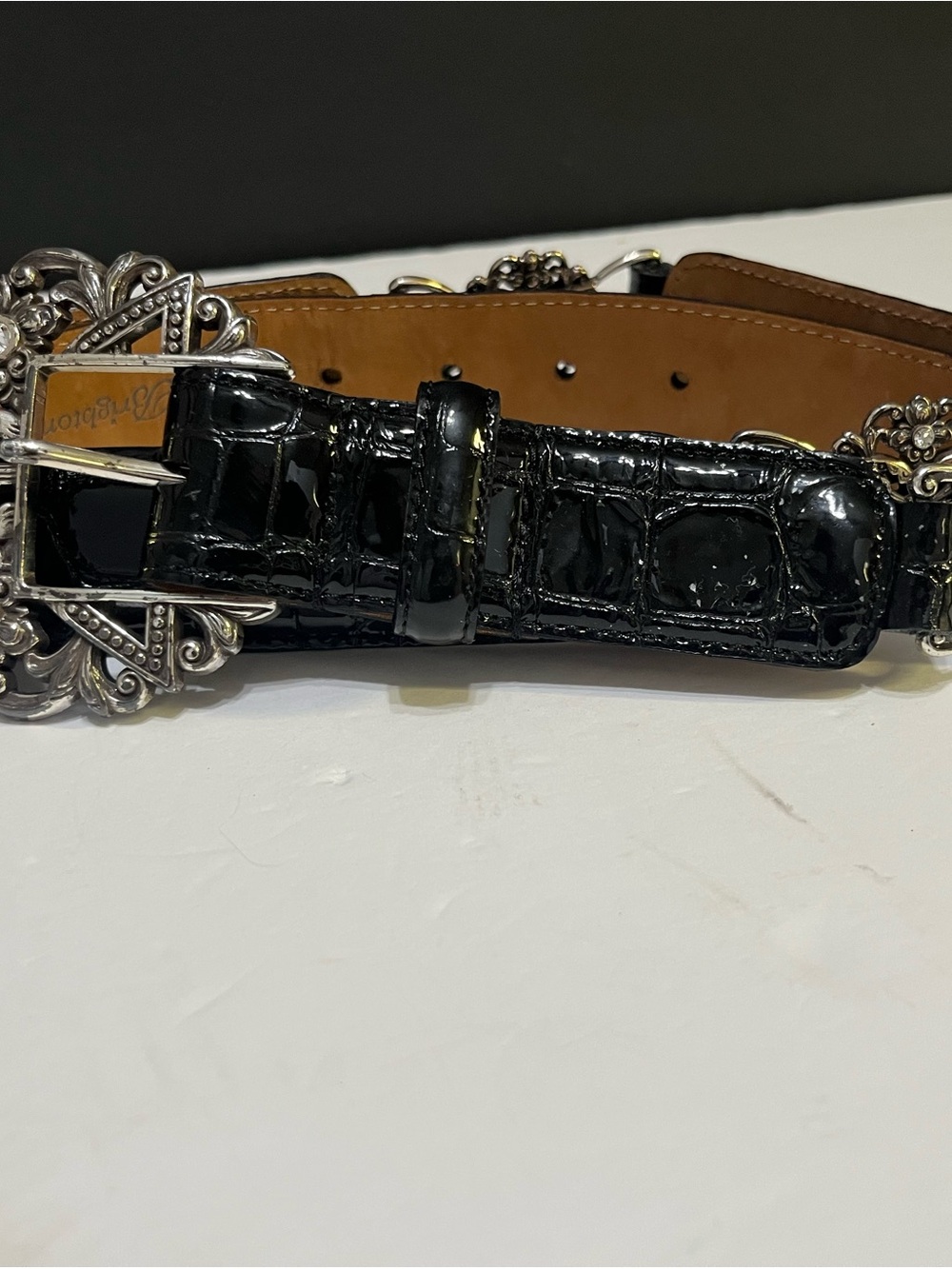 Brighton Black Croc-Embossed Leather Belt with Decorative Silver Buckle